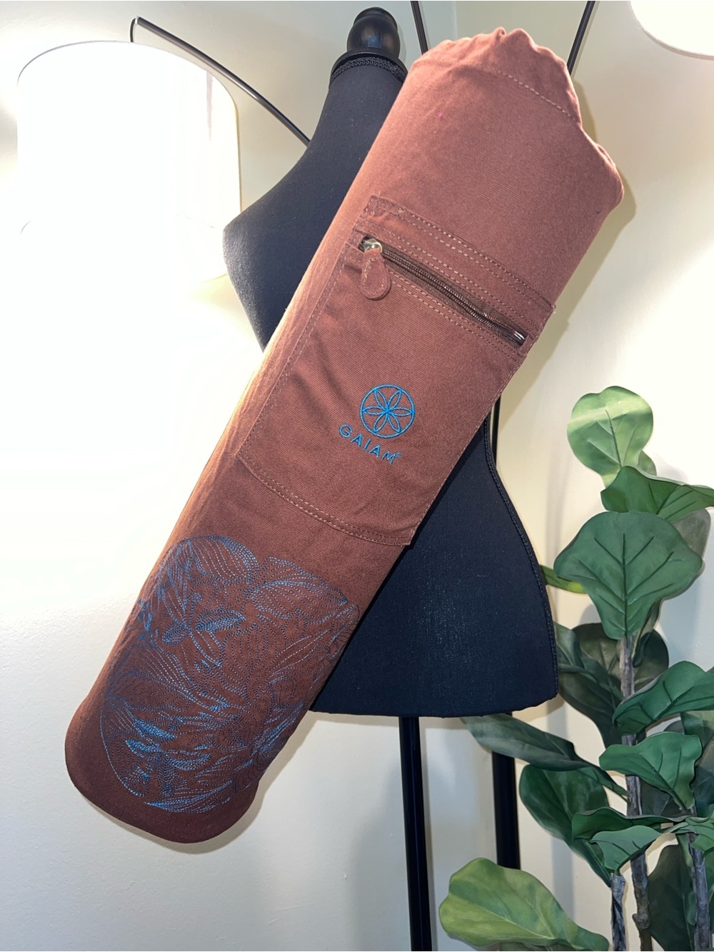 GAIAM Brown Canvas Yoga Mat Carrier with Zipper Pocket